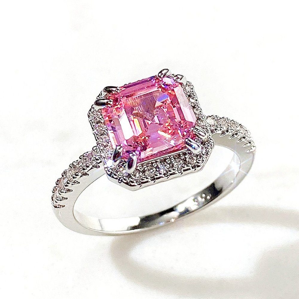3/$35 Square Pink Silver Copper Band Cocktail Ring Diamond Cubic Zirconia